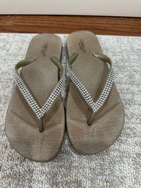Capelli of New York Taupe Rhinestone-Embellished Flip Flops Size 7